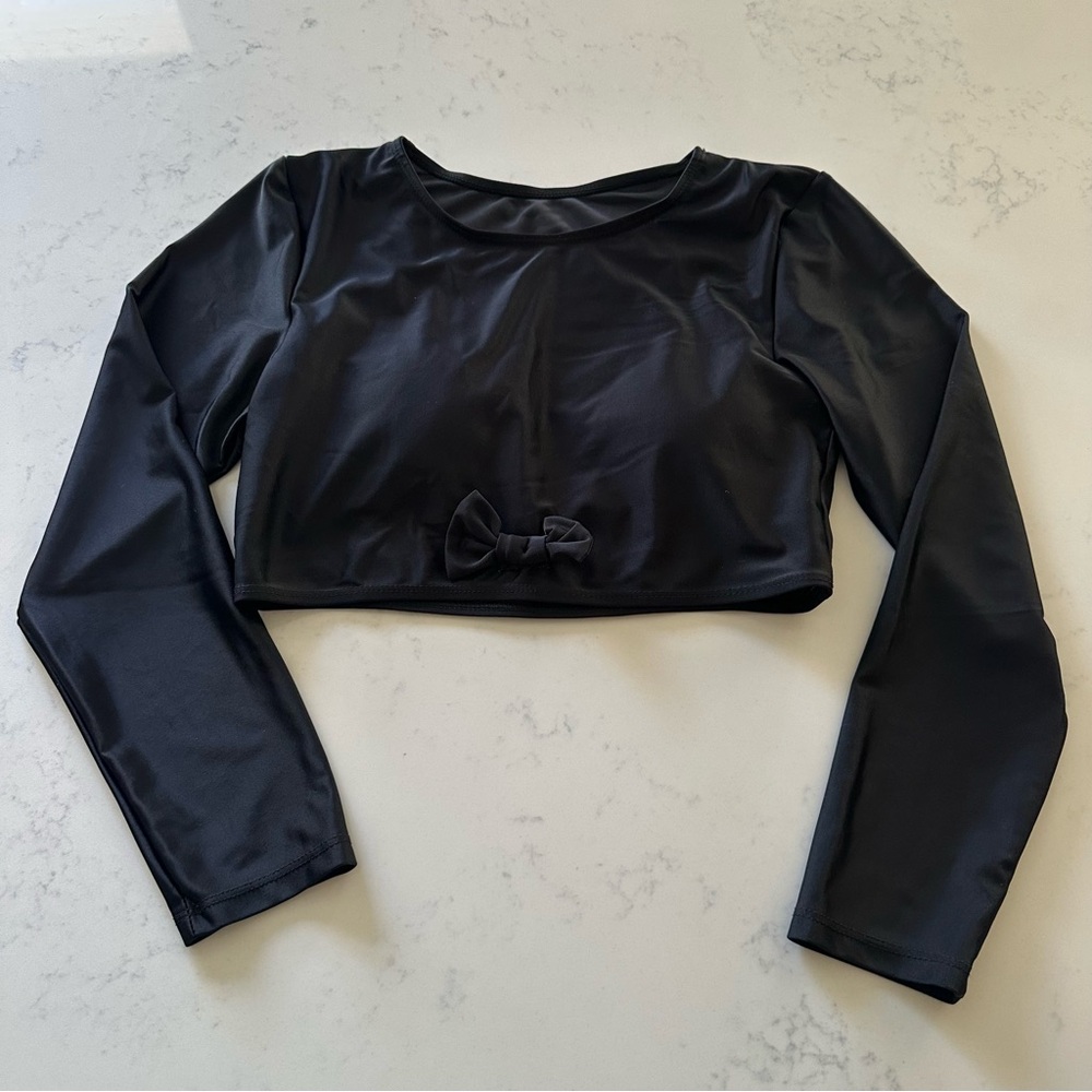 Black Long Sleeve swim Crop Top with Front Bow - Women's